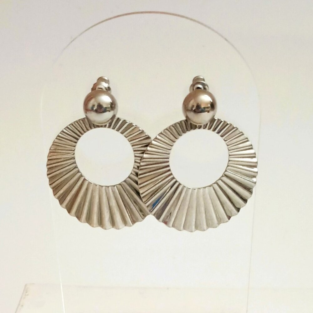 Vintage Round Accordion Dangle Earrings Silver Tone Circle Drop Post Jewelry